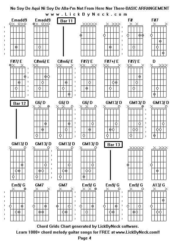 Chord Grids Chart of chord melody fingerstyle guitar song-No Soy De Aqui Ni Soy De Alla-I'm Not From Here Nor There-BASIC ARRANGEMENT,generated by LickByNeck software.